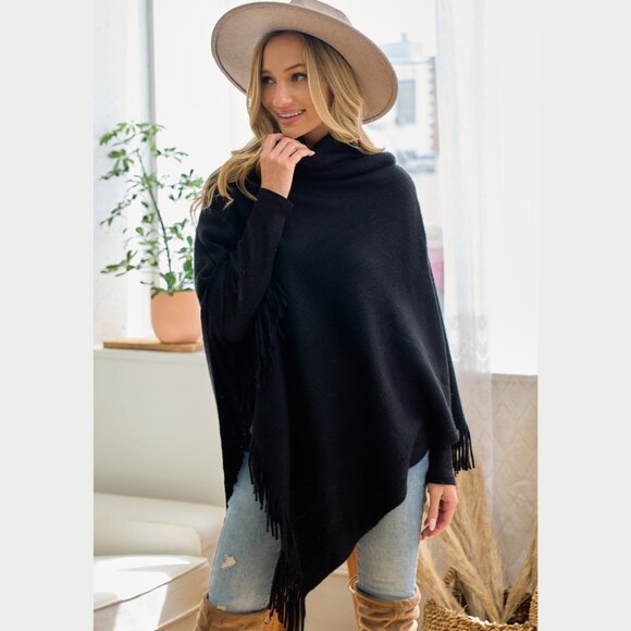 ON BLUE Black Light Weight Cowl Neck Poncho - Picture 2 of 16
